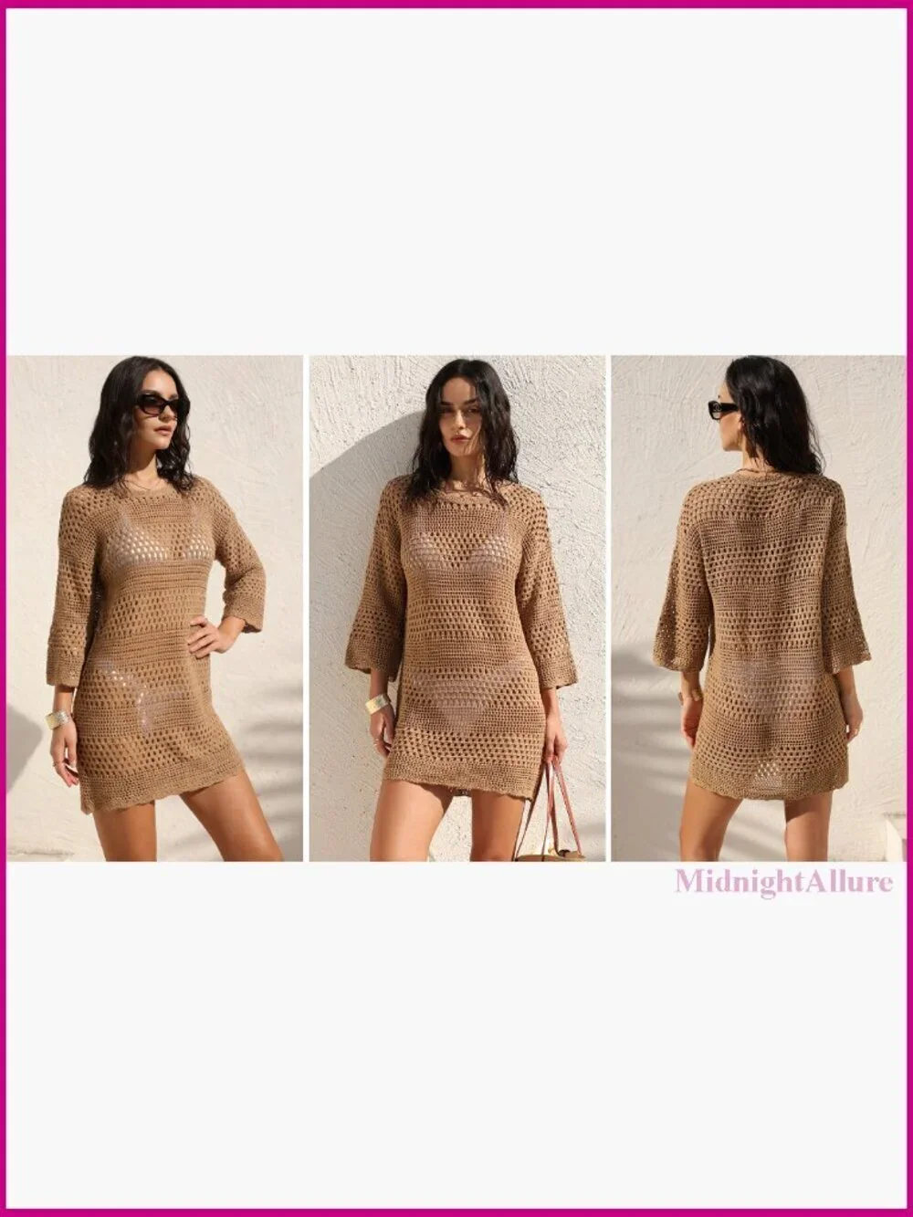 Loose Fit 3/4 Sleeve Crochet Cover Up Mini Dress Beach Vacation